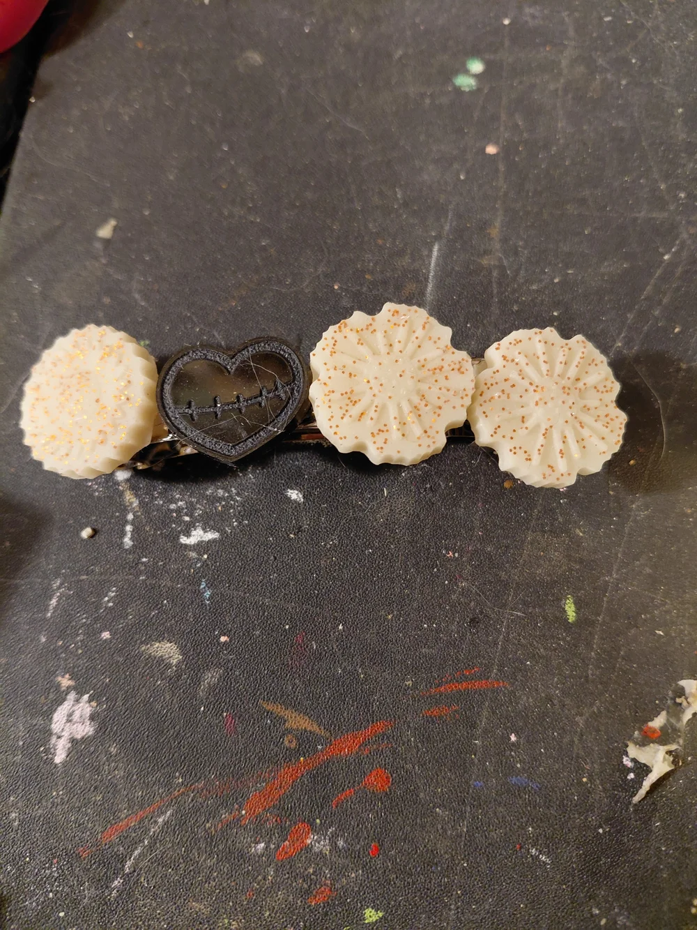 Cream and Black Decorative Hair Clip Barrette with Heart Accent